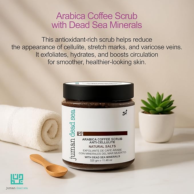 Juman Dead Sea Minerals Exfoliating Coffee Body Scrub | Enriched with Almond & Coconut Oils for Moisturized, Smooth Skin | Dead Sea Salt Scrub | SlS & Paraben Free | Vegan | 11.46 Oz