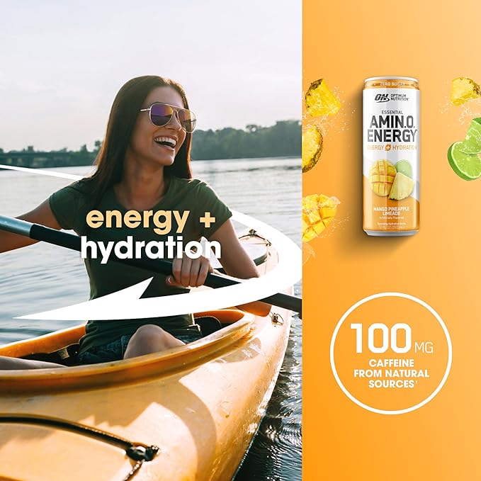 Optimum Nutrition Amino Energy Sparkling Hydration Drink, Electrolytes, Caffeine, Amino Acids, BCAAs, Sugar Free, Mango Pineapple Limeade, 12 Fl Oz, 12 Pack (Packaging May Vary)