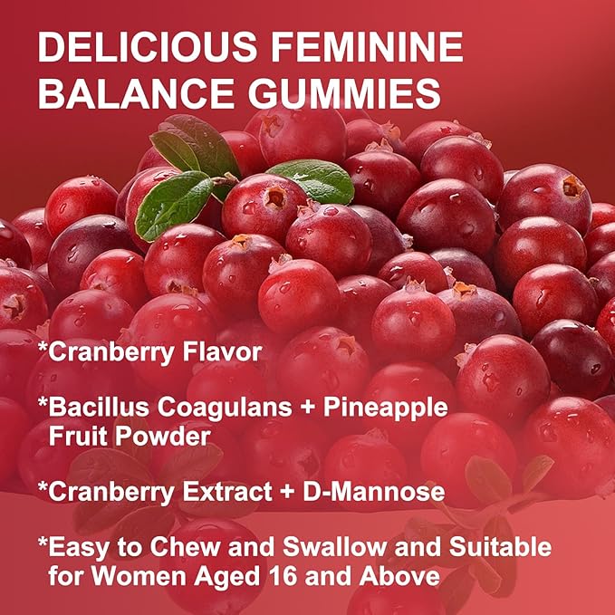 Feminine Balance Gummies for Women - Vaginal Health, pH Balance Support, Pineapple Probiotics Gummies for Women with Cranberry Extract and D-Mannose, Sugar Free, Vegan, Cranberry Flavor - 60 Ct