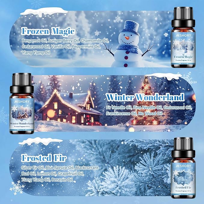 Winter Essential Oils Set, 6 Premium Holiday Fragrance Oil for Diffuser, Candle & Soap Making, Frozen Magic, Winter Wonderland, Hot Cocoa, Frosted Fir, Warm Sweater, Log Fire, Scented Oils for Home