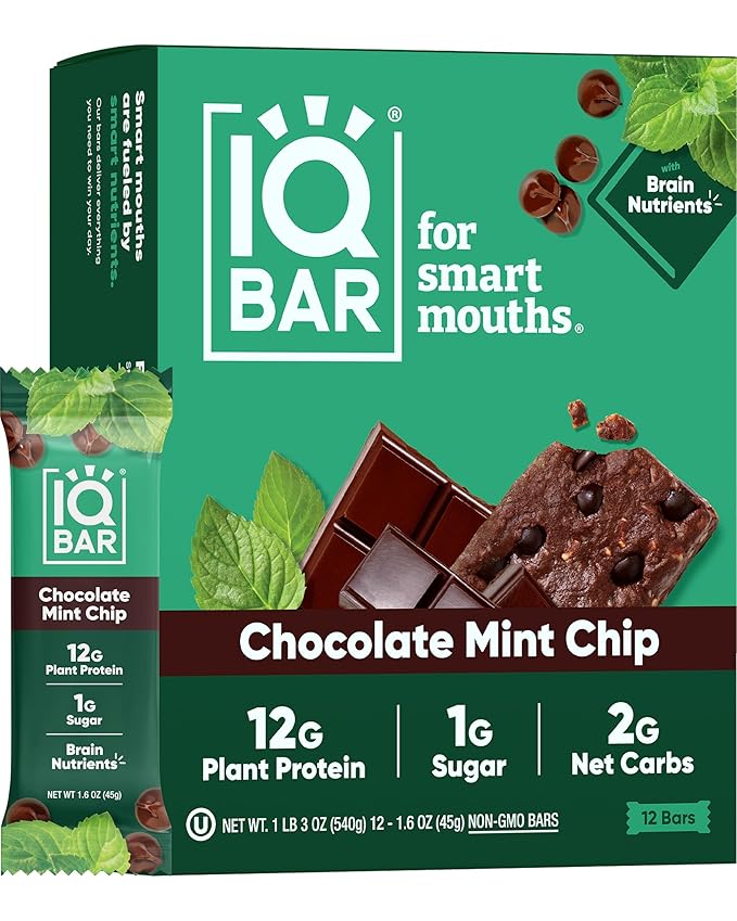 IQBAR Brain and Body Plant Protein Bars - Chocolate Mint Chip - 12-Count - Keto, Vegan, Low Carb, High Fiber, Gluten Free, Dairy Free, Low Sugar Snack with Nutrients for Focus, Energy, Meal Replacement