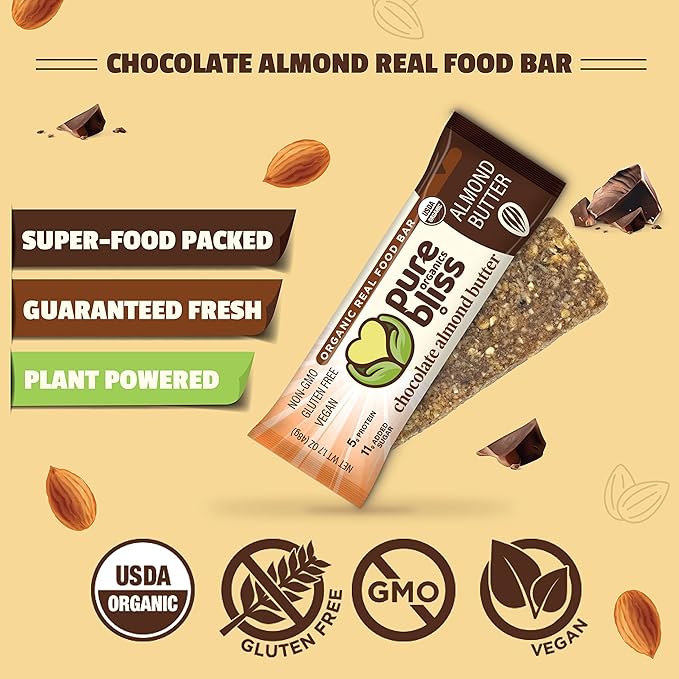 Organic Real Food Bar (Chocolate Almond Butter) Non-GMO, Gluten Free, Vegan, Nutrition Bars, Energy Bars, Super Food Simple Ingredients, Best Tasting, Healthy Snack, Breakfast Bars, Dairy Free, Soy Free, Pure Bliss Organics (1.7 oz bar, 12-Pack Case)