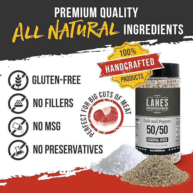 Lane's Coarse Salt and Pepper 50/50, 12.5 oz - Classic Blend of Kosher Salt & Coarse Black Pepper 16 Mesh for Cooking & Grilling - Seasoning for Meats, Vegetables & More, Gluten-Free, Made in USA