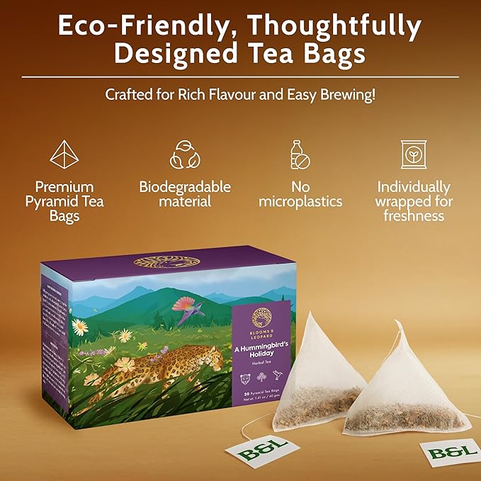 Blooms & Leopard Premium Herbal Tea with Chamomile, Rose Petals, Lavender, Valerian Root, Lemon Peel, 20 Herbal Tea Bags, caffeine-free - A Hummingbird's Holiday