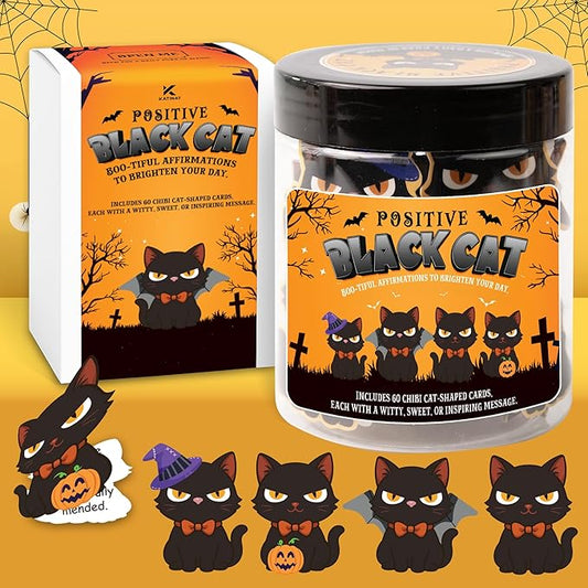Halloween Black Cat Jar, 60 Cat Affirmation Cards, Halloween Gifts for Women & Teens, Boo Basket Stuffers for Women, Spooky Basket Stuffers