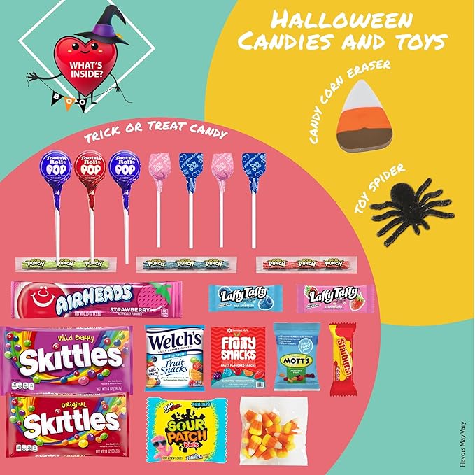 Gift A Snack - Halloween Candies Trick or Treats, Snack Box Care Package + Greeting Card (45 Count) Sweet Treats Gift Basket, Corn Candy Scary Spiders Stuffers Chips - Food Assortments