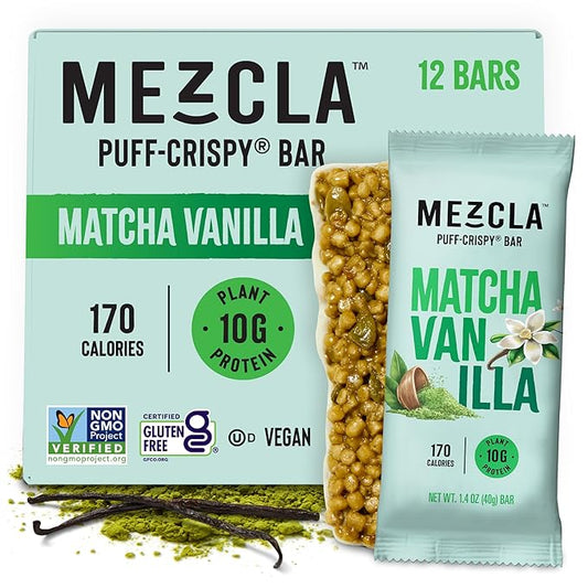 Mezcla Puff Crispy Protein Bars, Gluten Free & Vegan Protein Bars, 10g Protein, Alt for Crispy Rice Treat, Granola Bars & Breakfast Bars, Healthy Snacks for Adults, Matcha Vanilla, 12 Pack