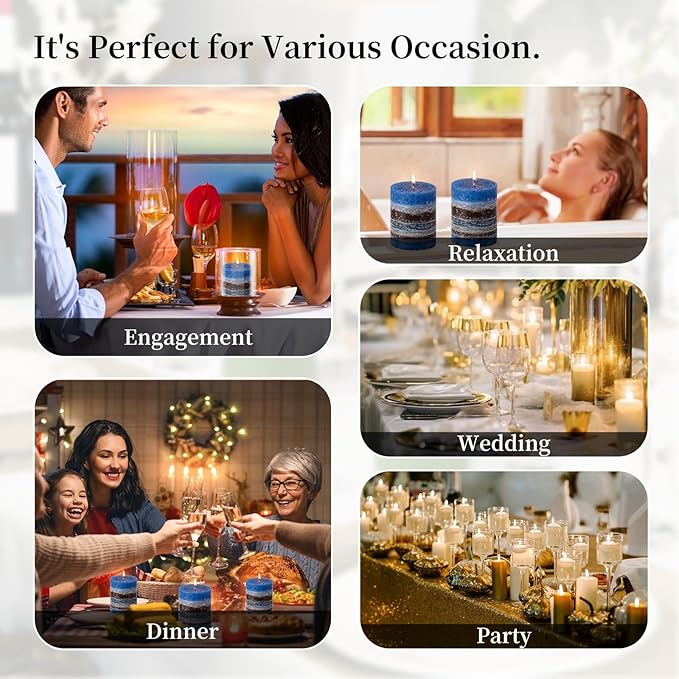 KONNI Blue-Coffee Layered Pillar Candles Set of 3, 3"x 4" Unscented Pillar Candles Bulk, 39 Hours Long Burning Candle, Smokeless & Dripless Round Candle for Wedding, Home Decor, Party, Spa, Dinner