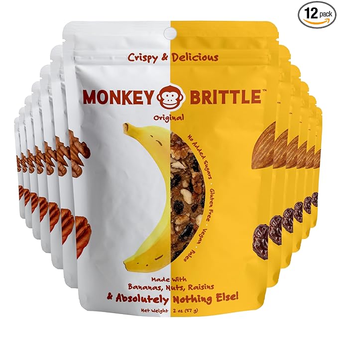 Monkey Brittle Healthy Snacks, Crispy Plant-Based Treats for Kids & Adults, Vegan & Gluten-Free, All-Natural Snack for School, Sports, Camping & On-the-Go (Pack of 12), Original