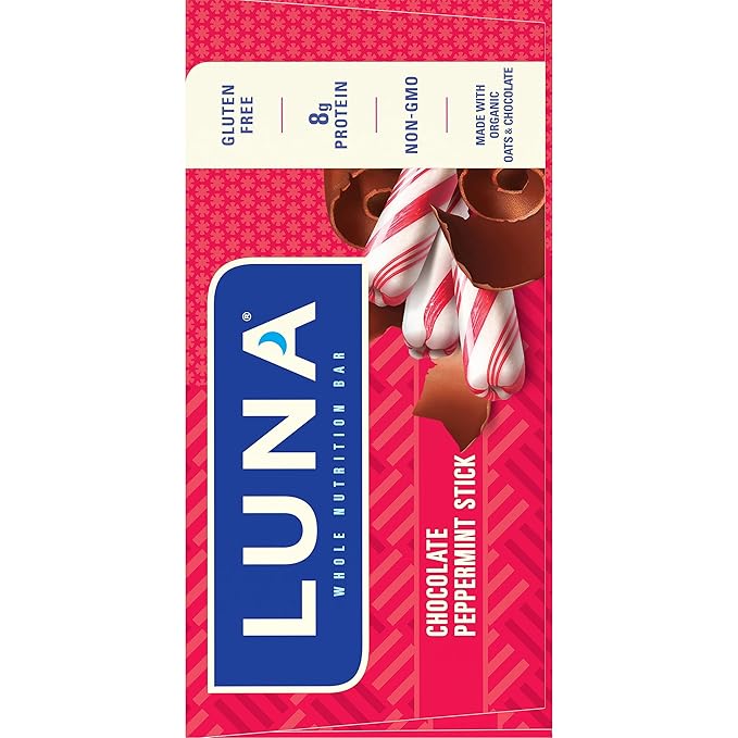 LUNA Bar - Chocolate Peppermint Stick Flavor - Snack Bars - Non-GMO - Gluten-Free Protein Bars - Made with Organic Oats (12 Pack)