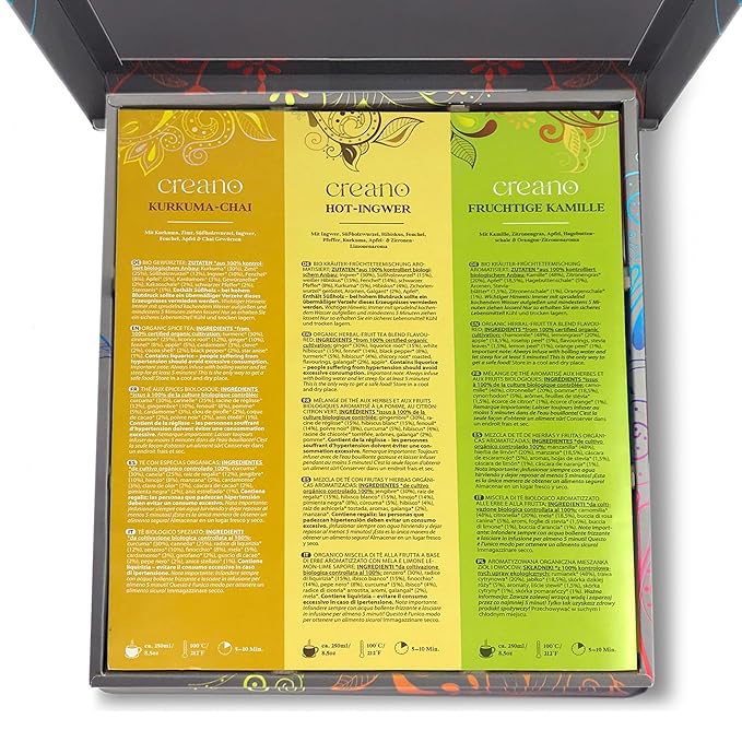 Creano Organic Herbal Tea Gift Set Grey - 45 Organic Tea Bags in 9 Different Varieties - 90 g