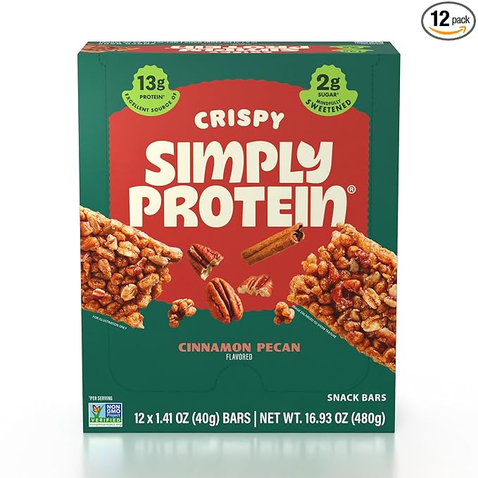 Simply Protein - Cinnamon Pecan Crispy Bars - Plant Based Protein Bars - Low Carb, Low Sugar, High Fiber - 13g Protein, 2g Sugar, 7g Fiber - Vegan, Gluten Free, Non GMO, Kosher - 12 Bars