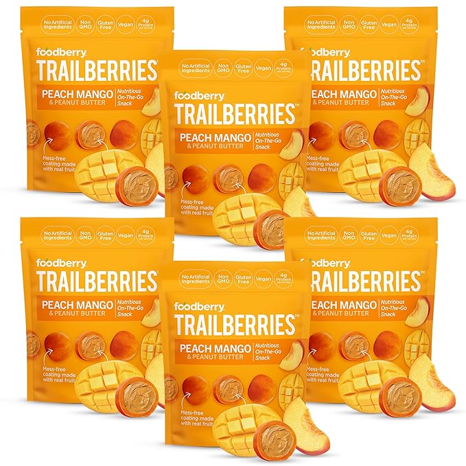 Foodberry Peach Mango & Peanut Butter Trailberries, Nutritious Snack, Delicious Bites of Creamy Peanut Butter Coated in Real Fruit (Like Softer Fruit Leather), 4g Protein, 4g Fiber, Pack of 6