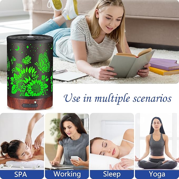 Essential Oil Diffuser- Aromatherapy Diffuser with7 Colors Light, and Auto-Off -Metal Cool Mist Humidifier for Home and Office(Sunflower + Butterfly)…