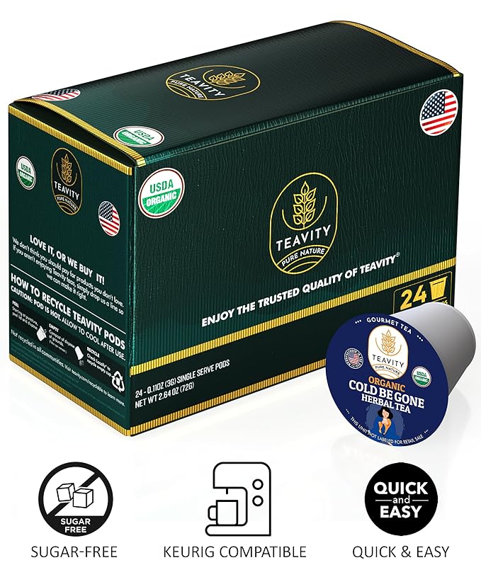 Organic Rooibos Tea Pods for Keurig with Lemon, Mint, Licorice - Unsweetened Decaf Tea for K Cup Brewing - Cold Be Gone by Teavity (24 Tea Pods)