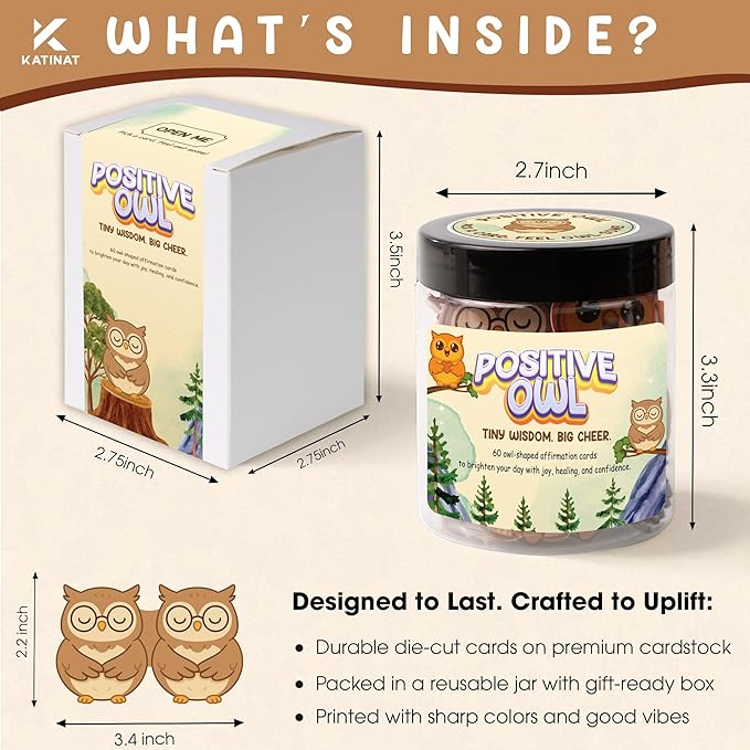 Positive Owl Jar, 60 Positive Affirmation Cards, Owls Relaxation Gifts, Coworker Gifts for Women, Great Gift for Boss, Teacher, Friends