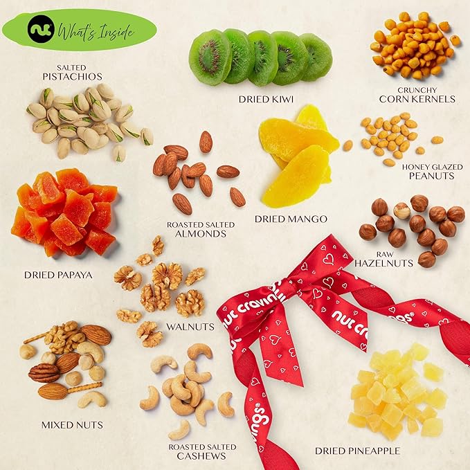 NUT CRAVINGS - Diwali Sweets Hamper Dried Fruit & Mixed Nuts Gift Basket in Reusable Wooden Tray + Ribbon (12 Assortments) Food Arrangement, Healthy Snack Care Package,