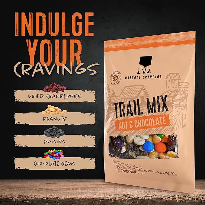 Natural Cravings Trail Mix Snack Dried Fruit Mix & Nuts Mix with Chocolate Chips, Peanuts, Cranberries, Raisins, Walnuts, Tropical Fruits (12 Pack, Nut & Chocolate Mix)