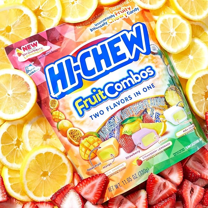 HI-CHEW Fruit Combos Bulk Candy, 4 Stand Up Pouches, 220+ Pieces, 11.65oz each - Unique Fun Soft & Chewy Halloween Candy - Immensely Juicy Fruity Flavors - Individually Wrapped for Halloween Sharing