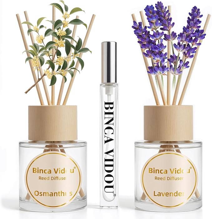 Reed Diffuser Set, Binca Vidou Lavender & Osmanthus Natural Perfume Scent Oil Diffusers with Sticks & Spray Bottle for Home Office Bathroom Aromatherapy Decor 1.69oz x 2