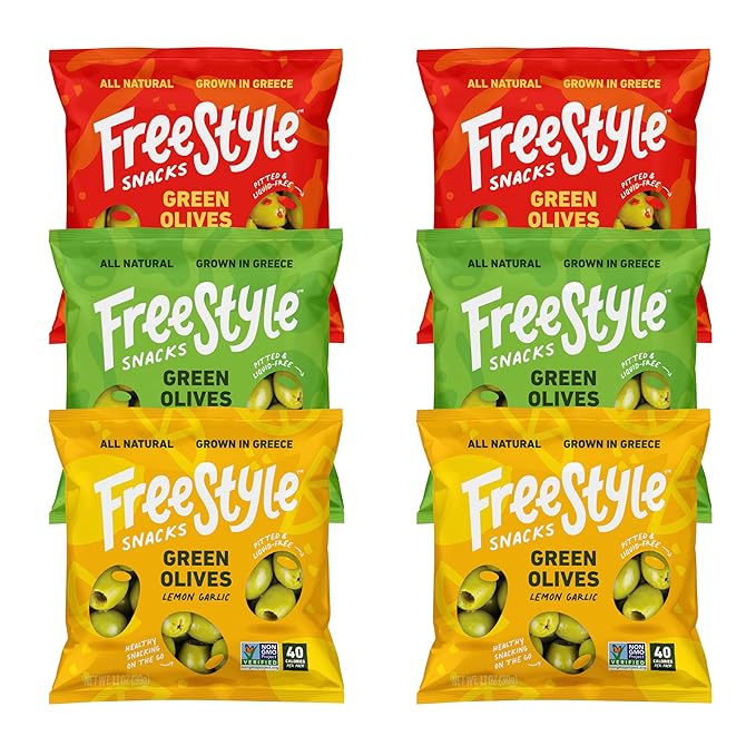 Freestyle Snacks Olive Snack Packs - Single Serve - Fresh Pitted Green Olives, Jumbo-Sized, Grown in Greece, All Natural, Non-GMO, Paleo, Sugar-Free, Keto, Salty Snack - Variety, 1.1oz (6 Pack)