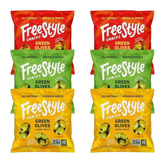 Freestyle Snacks Olive Snack Packs - Single Serve - Fresh Pitted Green Olives, Jumbo-Sized, Grown in Greece, All Natural, Non-GMO, Paleo, Sugar-Free, Keto, Salty Snack - Variety, 1.1oz (6 Pack)