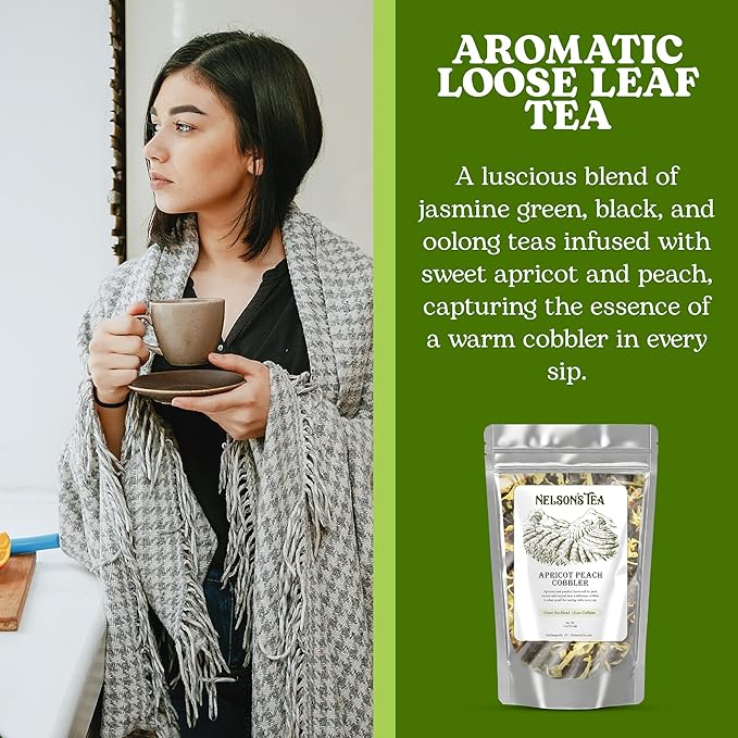 Nelson's Tea Apricot Peach Cobbler Tea Loose Leaf Blend - Jasmine Green Tea, Black Teas, Oolong, Safflower & Marigold Petals - Apricot Peach, Black Jasmine Teas (4oz)