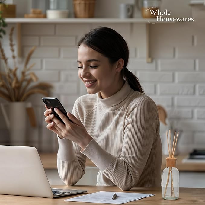 Whole Housewares Reed Diffusers for Home - Transparent Glass with Wooden Top - Elegant Empty Design - Ideal Bathroom Diffuser - 4 Pieces - Stable and Artistic Base - Oil Stick Diffuser - 4.9 x 1.9 in