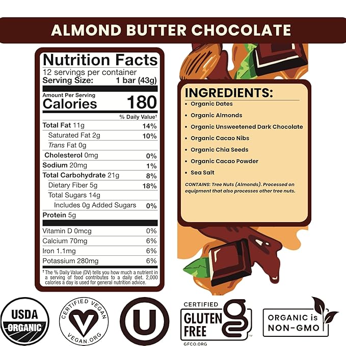 Bearded Brothers, Organic Vegan Protein Energy Bars, Almond Butter Chocolate (12 Pack) - Gluten Free, Paleo, Non GMO, Soy Free, Low Glycemic, No Sugar Added, Whole 30, Fiber (Packaging May Vary)