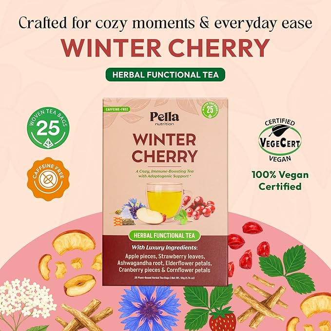 Winter Cherry Ashwagandha Herbal Tea – With Strawberry, Cranberry, Apple, Elderflower, Cornflower – Vegan, Kosher, Caffeine-Free – Hot or Iced Tea Bags – Adaptogenic & Immune Health Support (25 Count)