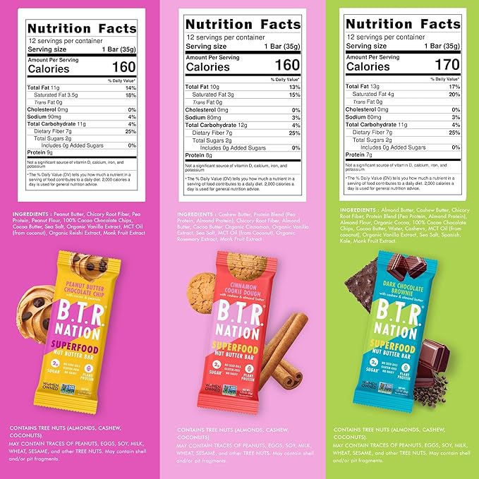 B.T.R. Nation Bar Superfood Keto Protein Bars, Plant Based Vegan Protein - | 6 pack (Sampler Pack) | Low Carb Food, Low Calorie, Gluten Free, No Sugar Alcohols, Boosted with Superfoods