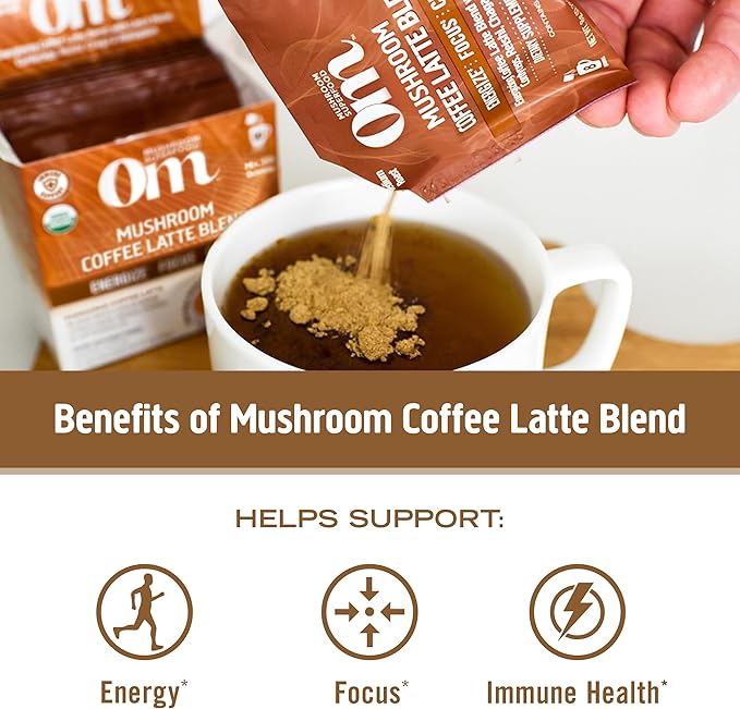 OM MUSHROOM SUPERFOOD Coffee Latte Blend Mushroom Powder, 8.47 Ounce Canister, 30 Servings, Lion's Mane, Cordyceps, Reishi, Chaga, Energy & Mental Clarity Support Supplement
