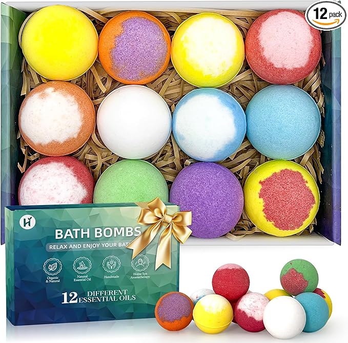 Bath Bombs for Women Mom Her Set, Christmas Stocking Stuffers for Teen Gifts - 12Pack Handmade Natural & Organic, Spa Relaxing Birthday Gifts for Men, Aromatherapy Bubble Bath, White Elephant Gifts
