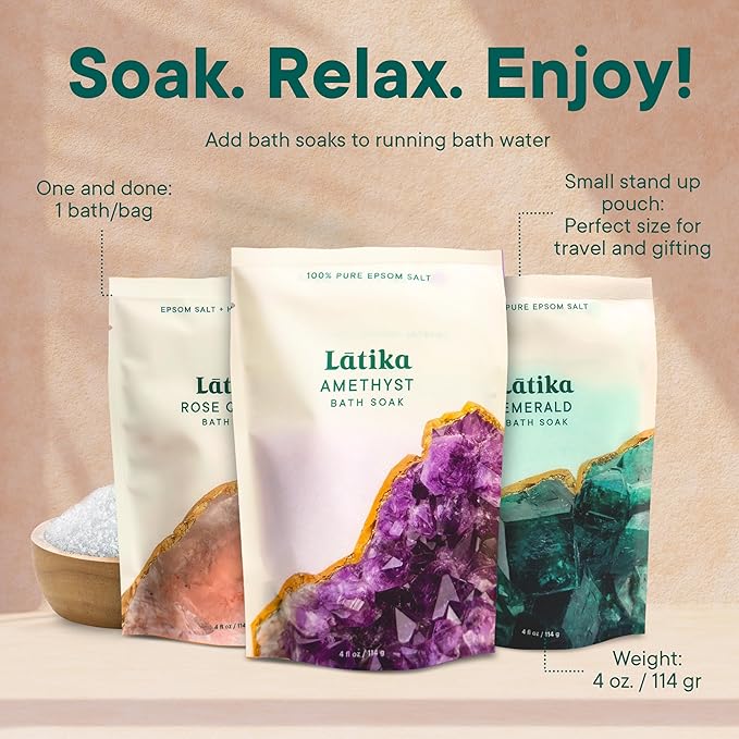 Latika Geode-Inspired Bath Soak Set of 3 - Amethyst, Rose Quartz & Emerald with Essential Oils & Epsom Salt - Sandalwood, Lavender, Sage & Eucalyptus for Stress Relief, Muscle Recovery & Skin Care