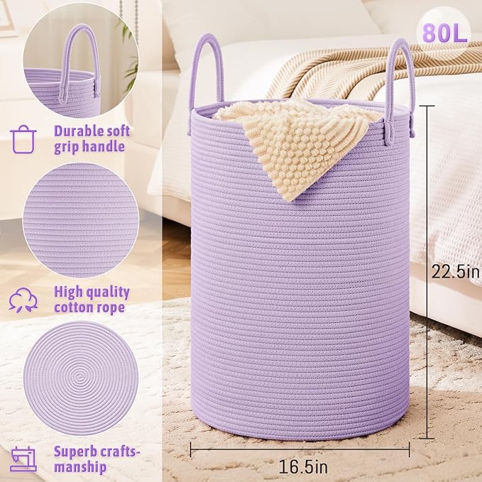 Laundry Basket,Woven Cotton Rope Laundry Hamper,80L for Decorative Storage of Dirty Clothes,Toys and Blankets in Bathroom,Baby Room and Living Room