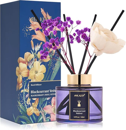 Airkeep Flower Reed Diffusers Set, 5.07 oz Blackcurrant Vetiver Scented Oil Diffuser with 8 Reed Sticks, Home Fragrance Diffuser Gift Set for Bathroom & Office Decor 150ml