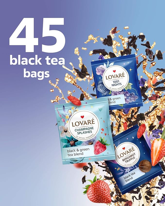 LOVARE Black and Green Tea Bags Variety Pack - Made in Ukraine Tea Sampler - Individually Wrapped 90 Assorted Tea Bags - Gift Box For Tea Lovers (FEST TEA SET)