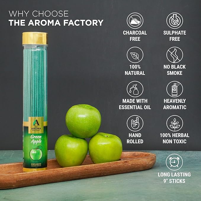 The Aroma Factory Agarbatti, Luxury Green Apple Incense Sticks, Low Smoke & Zero Charcoal, Premium, Fresh, & Fruity Fragrance for Home, Meditation 100G X 1Bottle Pack 4 Cm X 4 Cm X 26 Cm Multicolour