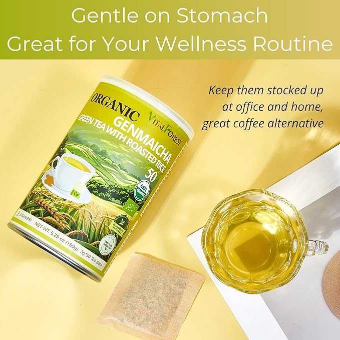 5.29oz Organic Genmaicha Green Tea with Roasted Rice, 50 Count, Unbleached, ECO-Conscious Genmaicha Tea Bags, VitalForest Roasted Green Tea Brown Rice Tea
