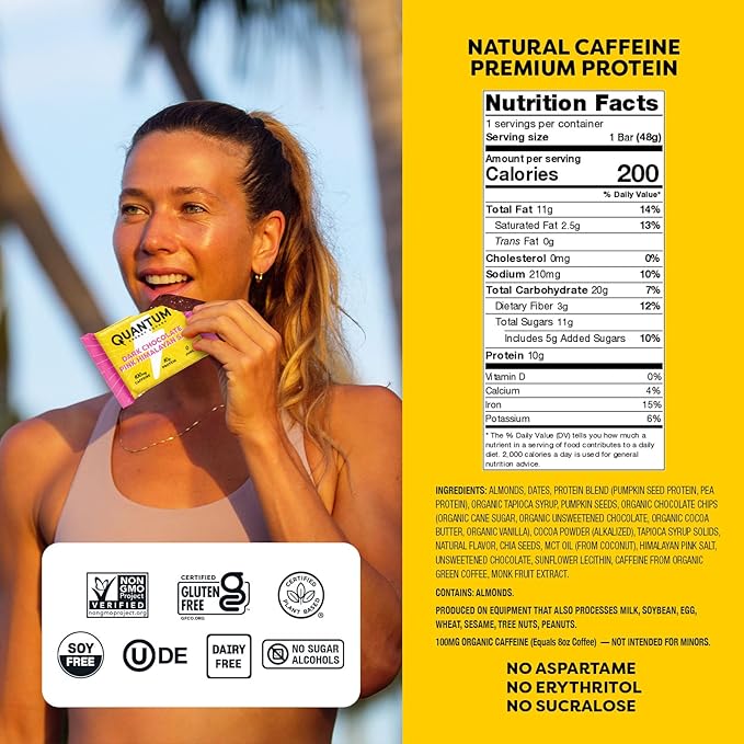 Quantum Energy Square: Energy Bar with Caffeine & 10g Protein. Delicious Healthy Snack On The Go. (Vegan, Gluten-free, Soy-free, Dairy-free) (Dark Chocolate Pink Himalayan Salt)
