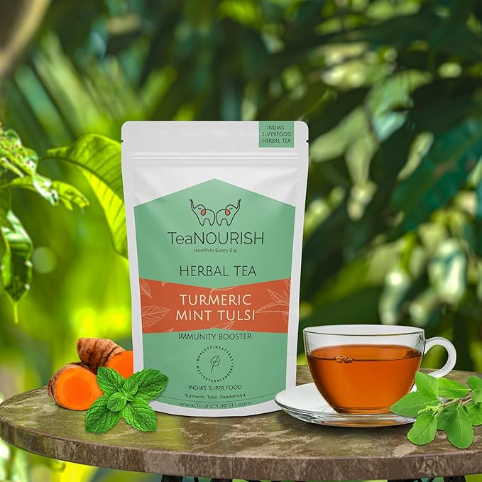 TeaNOURISH Turmeric Mint Tulsi Herbal Tea | Indian Superfoods | Blend of Turmeric, Tulsi & Peppermint | Immune Support | 100% NATURAL INGREDIENTS - 3.53oz/100g