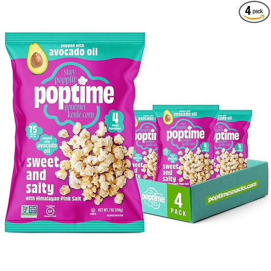 Poptime Kettle Cooked Popcorn Snack Bags – Sweet & Salty Kettle Corn Popcorn Bags, Healthy Snack With Avocado Oil & Himalayan Pink Salt, Gluten Free, Vegan, Low Calorie, Non-GMO - 7 oz - Pack 4