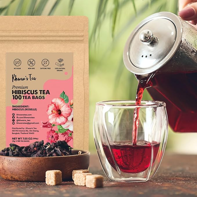 KHWAN’S TEA Roselle Hibiscus Flower Tea bags, Caffeine-Free Herbal Tea, Tart & Refreshing Flavor Hot or Iced, Premium Natural Hibiscus Infusion, Antioxidant-Rich Herbal Tea from Thailand (2g/bag)
