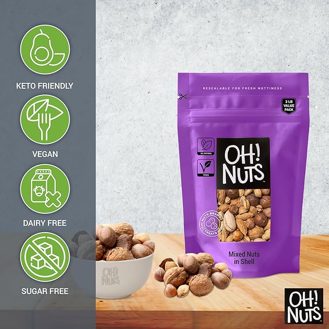 Oh! Nuts Mixed Nuts in Shell - Raw - 100% Natural - 3 lb - Jumbo-Sized Premium Shelled Nuts - Packed in New York Zip-Seal Bag for Exceptional Freshness