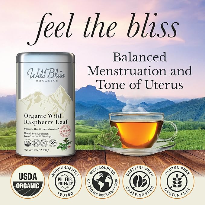 Wild Bliss Organic Red Raspberry Leaf Tea Pregnancy and Menstrual Support - Loose Leaf Herbal Tea - 1.76 Oz - 25 Servings