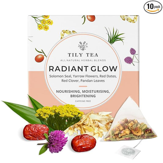 Tily Tea Radiant Glow Herbal Tea - Natural Tea to Support Skin Nourishment - Solomon Seal for A Glowing Complexion - Caffeine Free - 10 Plastic-Free Tea Bags