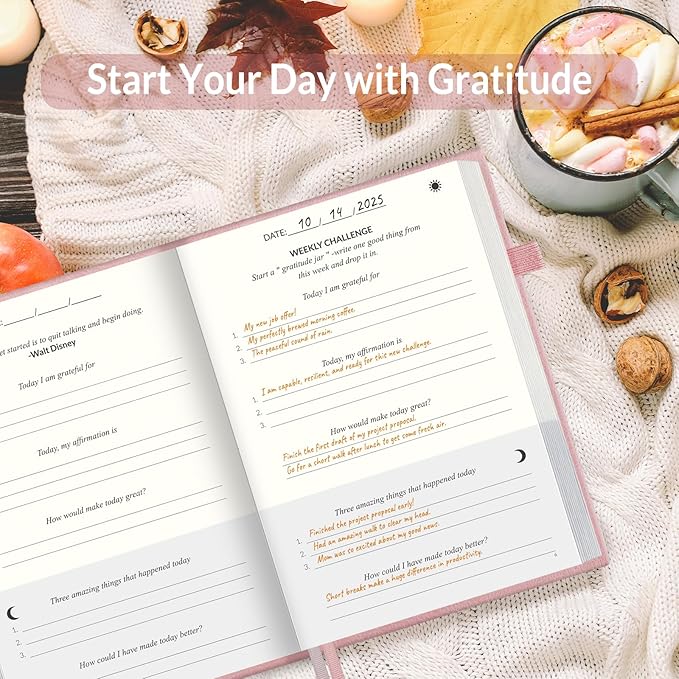 SUNEE Daily Gratitude Journal – Simple 5 Minute Journal for Daily Reflection, Build Positivity and Mindfulness, Undated Minimalist Planner for Women & Men (Pink)