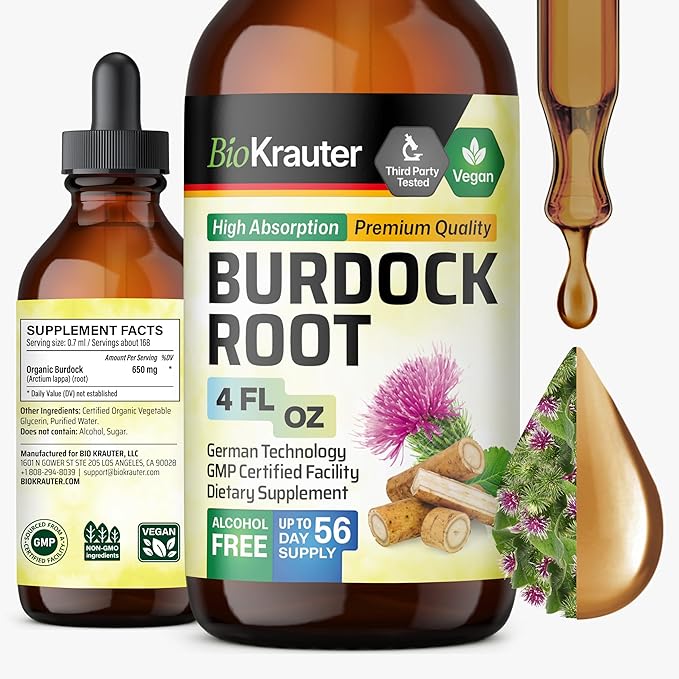 BIO KRAUTER Burdock Root Tincture - Antioxidant Support Liquid Supplement - Burdock Root Extract - Alcohol and Sugar Free - Vegan Drops 4 Fl.Oz.