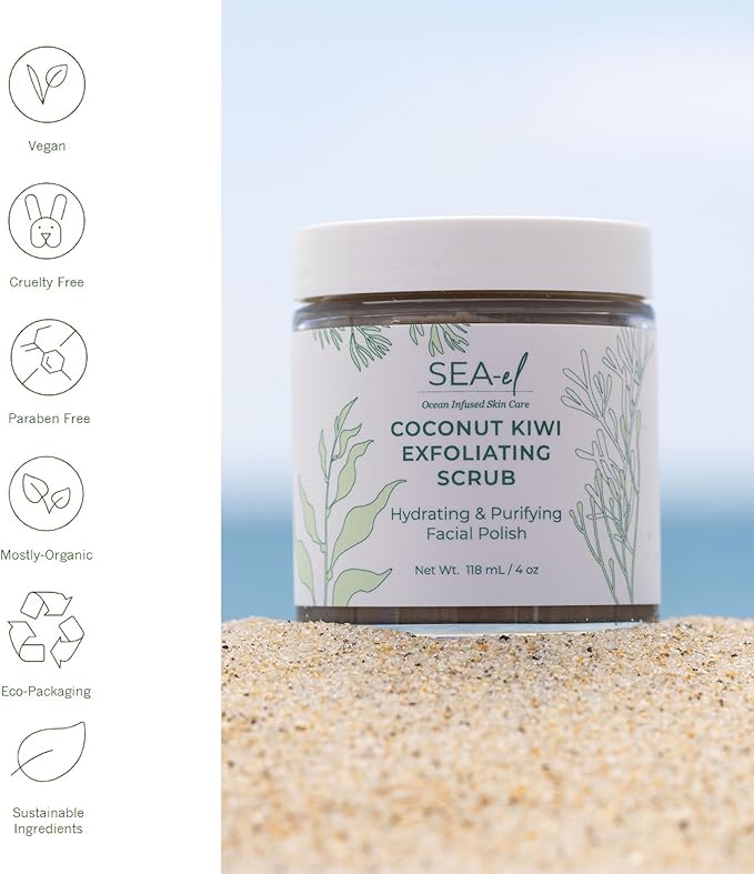 Sea El Coconut Kiwi Exfoliating Face Scrub Hydrating Calming & Purifying Anti Aging Exfoliator - Bamboo Pumice & Green Tea Detoxifying Exfoliant Facial Cleanser & Polish for Women & Men - 4 Oz