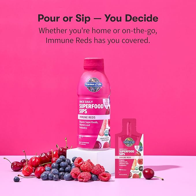 Garden of Life Superfoods Sips, 30 Servings, Vitamins, Probiotics, 13 Organic Superfoods, Functional Mushrooms, Immune Reds, Once Daily, Organic, Vegan, Preservative-Free, Berry Flavor